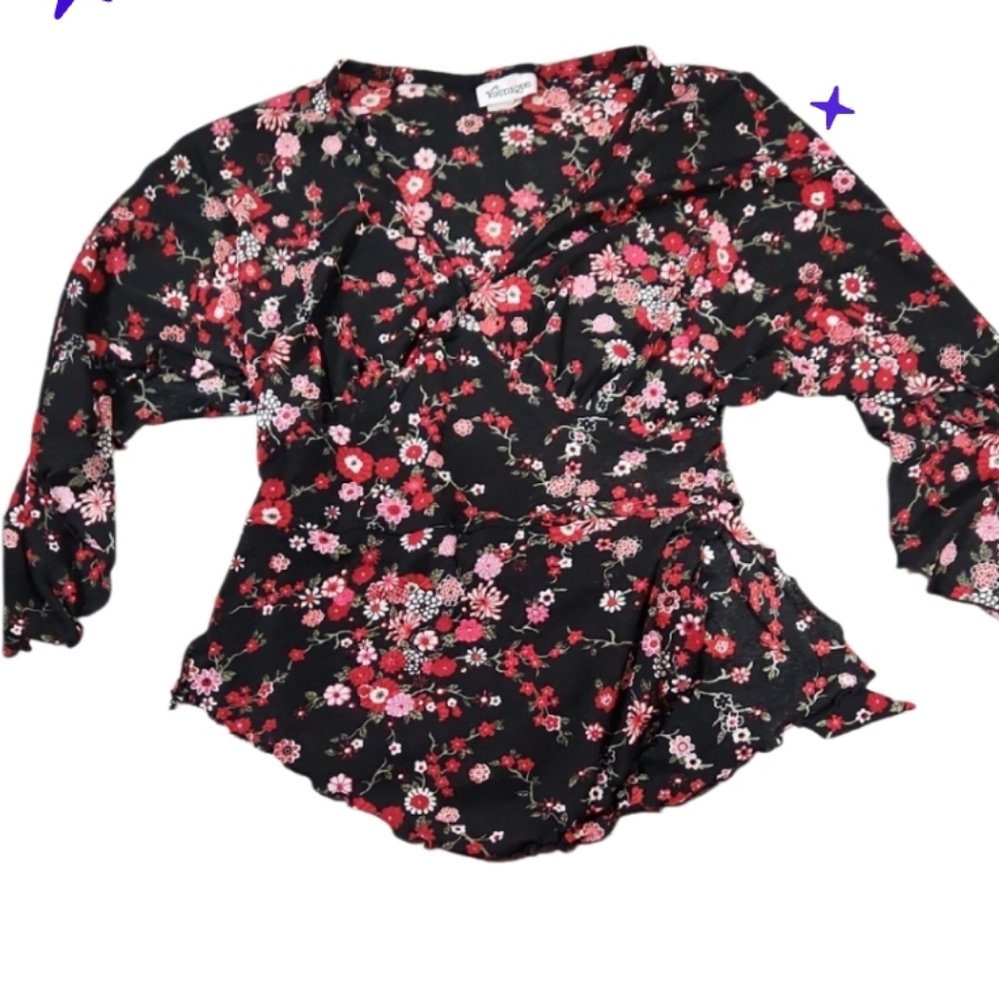 Made In USA 90s jrs Med Floral Black and Red Blouse Ties In Back